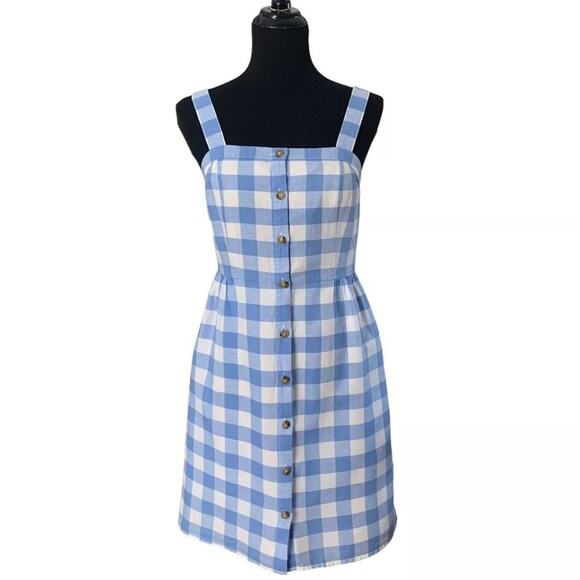 J. Crew Factory Gingham Plaid Button Front Linen Sun Dress Blue White Size XS/2 - Picture 3 of 8